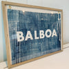 Light blue banner style flag with grommets and cotton tie, featuring ivory capitalized letters that spell Balboa